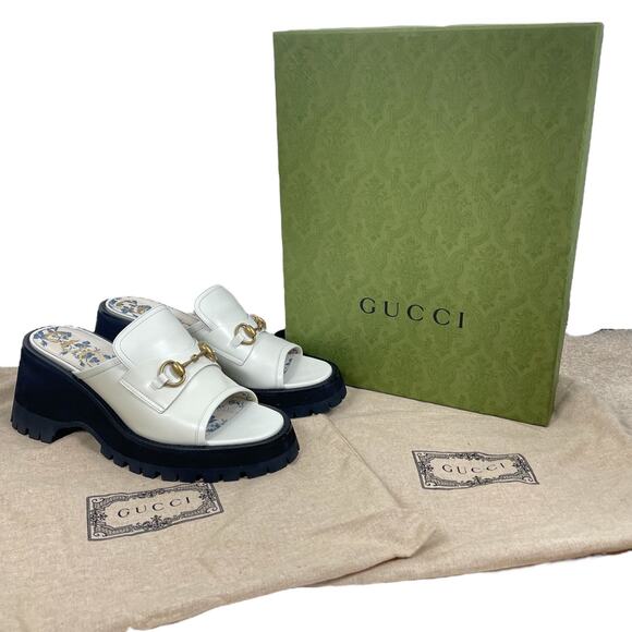 Gucci Cordovan Horsebit Open Toe Platform Slide Sandal Dusty White Size 41 - Picture 12 of 14